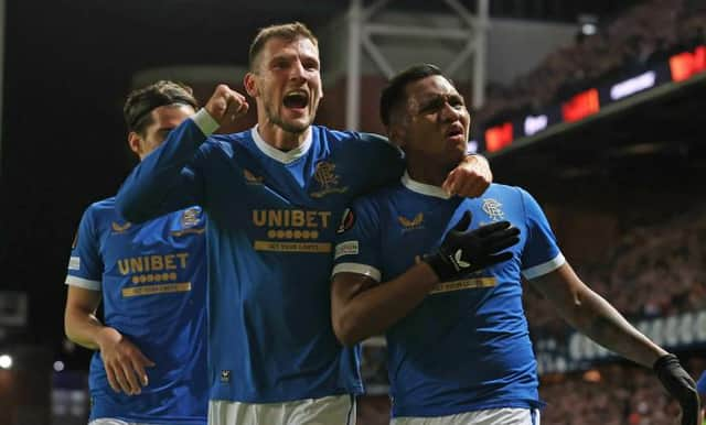 GLASGOW, SCOTLAND - NOVEMBER 25: Rangers' Alfredo Morelos celebrates his opener with Borna Barisic (left) during a UEFA Europa League match between Rangers and Sparta Prague at Ibrox Stadium, on November 25, in Glasgow, Scotland. (Photo by Alan Harvey / SNS Group)