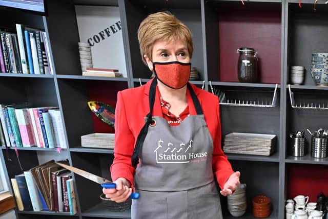 Nicola Sturgeon campaigns in the Station House Café Cookery School in Kirkcudbright. (Photo by Jeff J Mitchell-WPA Pool/Getty Images)