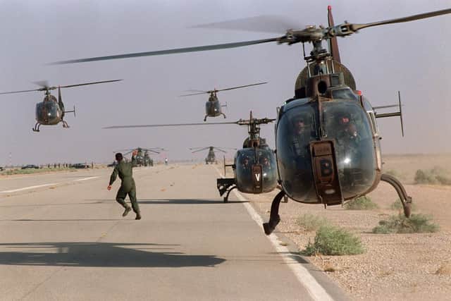 Several helicopters of French armed forces land in September 1990 at the military airport of Yanbu during the Gulf War.