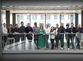 This year’s AI Accelerator cohort with Data-Driven Entrepreneurship DDE AI Accelerator Programme manager Katy Guthrie (in green) and DDE programme support officer Fabrizio Formichella (centre) plus John Brodie (fifth from the right). Picture. Stewart Attwood.