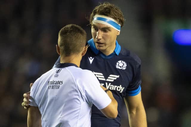 Scotland captain Jamie Ritchie speaks with referee Luke Pearce during the 16-15 defeat by Australia. (Photo by Ross MacDonald / SNS Group)