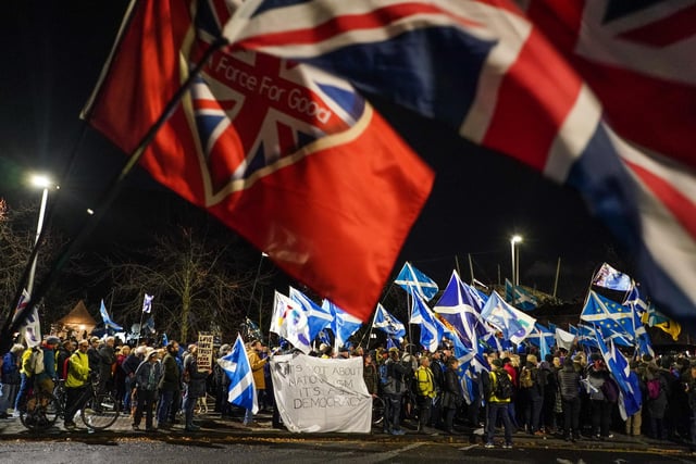 Unionist supporters are seen during a counter demo outside Holyrood, the Scottish Parliament, on November 23, 2022 in Edinburgh, Scotland. Earlier today, the UK Supreme Court judges unanimously rejected the Scottish government's argument that it can hold a second independence referendum. (Photo by Peter Summers/Getty Images)