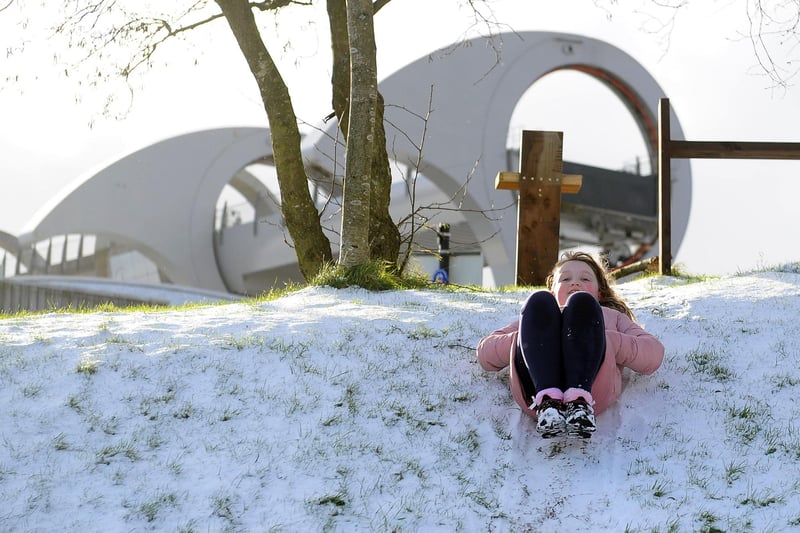 Jessica Allan,8, sledging without a sledge at the Falkirk Wheel. Picture Michael Gillen