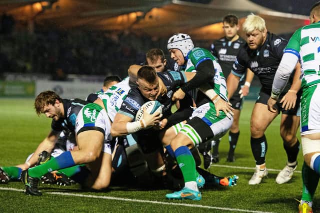 Glasgow Warriors' Jack Dempsey scores his side's second try.