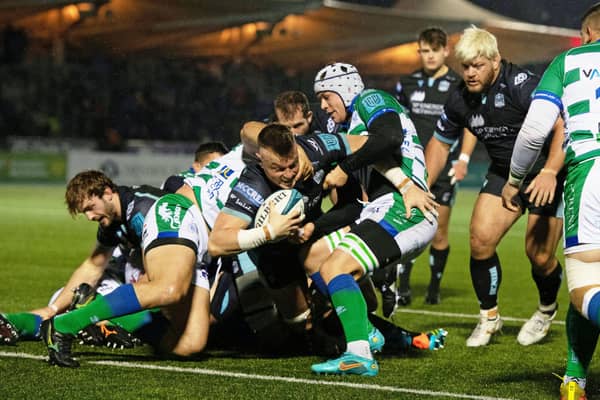 Glasgow Warriors' Jack Dempsey scores his side's second try.