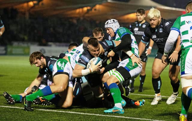 Glasgow Warriors' Jack Dempsey scores his side's second try.