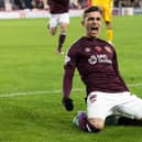 Kenneth Vargas celebrates scoring his first Hearts goal to make it 1-0 over Livingston  (Photo by Mark Scates / SNS Group)