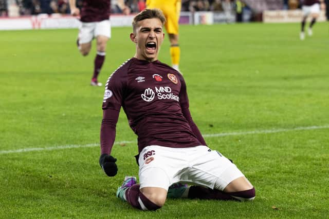 Kenneth Vargas celebrates scoring his first Hearts goal to make it 1-0 over Livingston  (Photo by Mark Scates / SNS Group)