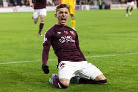 Kenneth Vargas celebrates scoring his first Hearts goal to make it 1-0 over Livingston  (Photo by Mark Scates / SNS Group)
