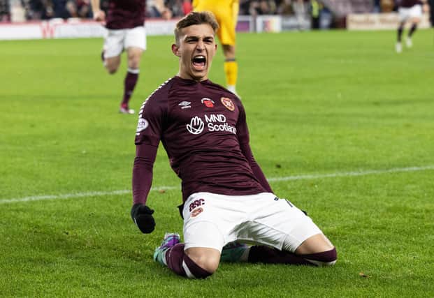 Kenneth Vargas celebrates scoring his first Hearts goal to make it 1-0 over Livingston  (Photo by Mark Scates / SNS Group)