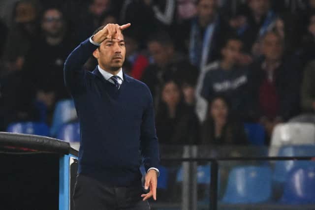 Rangers manager Giovanni van Bronckhorst on the touchline during the 3-0 defeat to Napoli at the Diego Armando Maradona Stadium. (Photo by ANDREAS SOLARO/AFP via Getty Images)