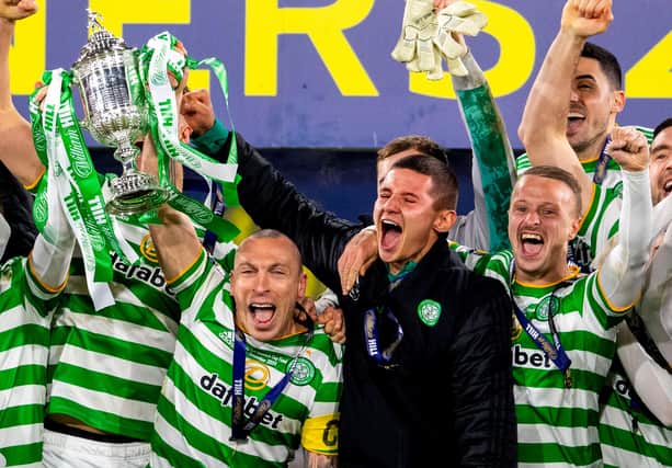 Celtic players celebrate their 2019-20 Scottish Cup success after the delayed final in December - now they have the chance to become the first team to claim the trophy twice inside the same campaign. (Photo by Craig Foy / SNS Group)