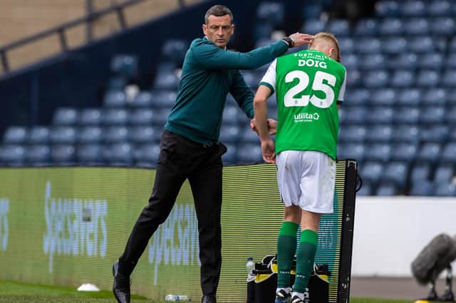 Hibs head coach Jack Ross (left) consoles Josh Doig after coming off with an injury in the Scottish Cup final. (Photo by Craig Williamson / SNS Group)