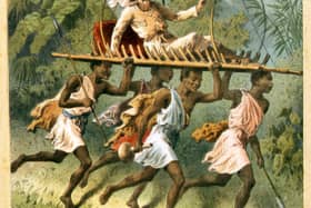 Circa 1850:  Bearers carry Dr Livingstone on a litter through the jungle.  (Photo by Hulton Archive/Getty Images)