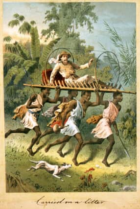 Circa 1850: Bearers carry Dr Livingstone on a litter through the jungle. (Photo by Hulton Archive/Getty Images)