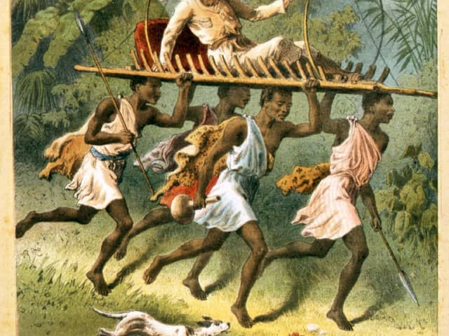 Circa 1850:  Bearers carry Dr Livingstone on a litter through the jungle.  (Photo by Hulton Archive/Getty Images)