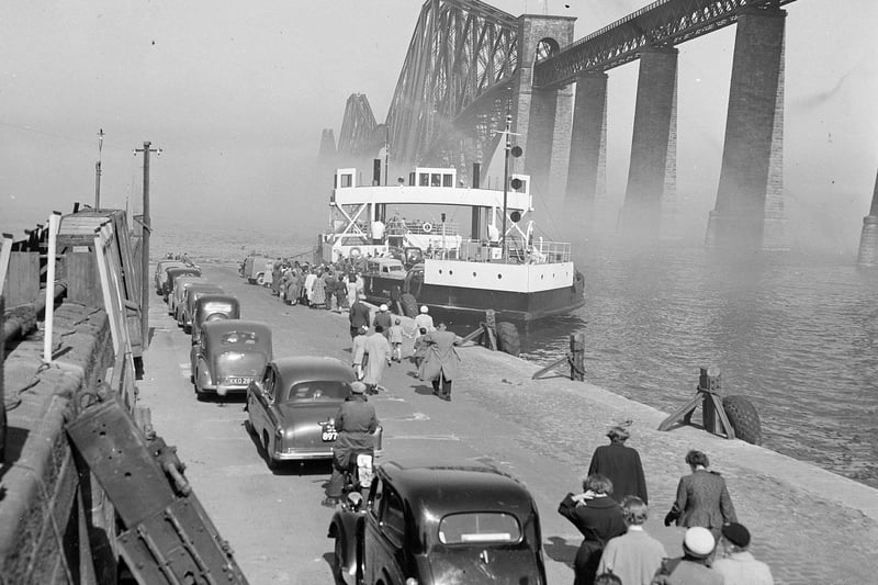 Cars queue at South Queensferry to board the ferry across the Forth in the days before the Forth Road Bridge.
