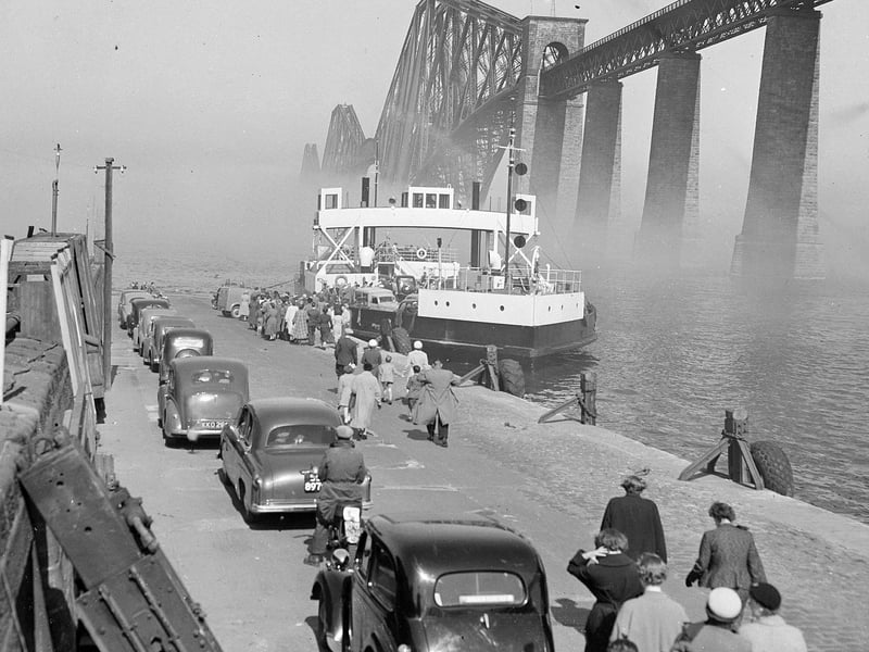 Cars queue at South Queensferry to board the ferry across the Forth in the days before the Forth Road Bridge.