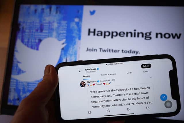 The Twitter social media app displaying a tweet by Elon Musk on a mobile phone, as Elon Musk has said verified accounts on Twitter which change their name to impersonate others will be permanently banned from the site. Picture: Yui Mok/PA Wire