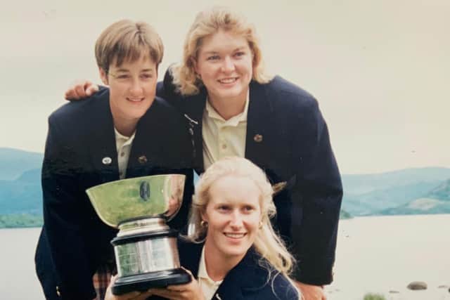 Alison Davidson, back left, with fellow Scots Mhairi McKay, back right, and Janice Moodie, front, after helping Great Britain & Ireland win the 1996 Curtis Cup at Killarney.