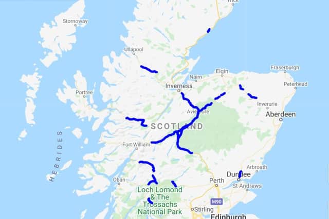 Trunk road stretches over 200m high are marked in blue. Picture: Traffic Scotland