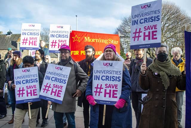 A UCU Scotland rally at the Scottish Parliament earlier this year against threatened job cuts