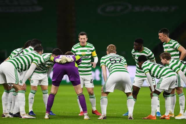 Celtic's Callum McGregor conducts socially-distanced Huddle before Monday's Hibs game. (Photo by Craig Foy / SNS Group)