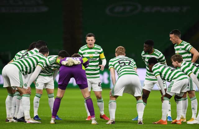 Celtic's Callum McGregor conducts socially-distanced Huddle before Monday's Hibs game. (Photo by Craig Foy / SNS Group)