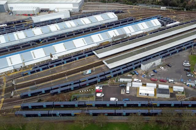 Trains in sidings during a strike by train drivers from the Aslef union, in a long-running dispute over jobs and pensions.