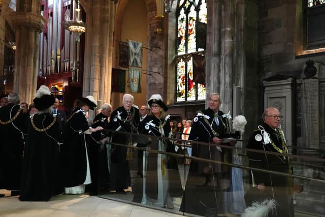 Order of the Thistle members leave after attending the Order of the Thistle Service at St Giles' Cathedral in Edinburgh, for the installation to the Order of the Queen, the Duke of Edinburgh, Baroness Black of Strome LT, Baroness Kennedy of The Shaws LT and Sir Geoff Palmer KT.  PIC: Andrew Milligan/PA Wire