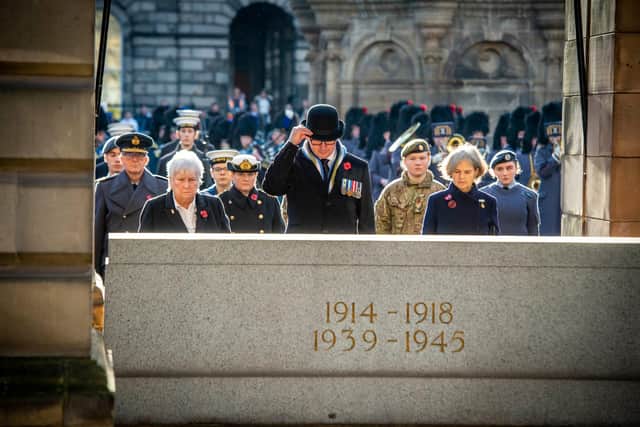 Wreaths were laid at the Stone of Rememrance outside the City Chambers in Edinburgh. Picture: Mark Owens