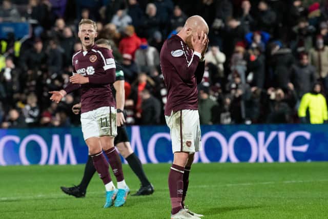 Hearts' Liam Boyce can't believe he missed a penalty in the 2-1 defeat to Celtic. (Photo by Ross Parker / SNS Group)