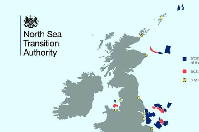Map of potential CO2 storage sites. Credit North Sea Transition Authority