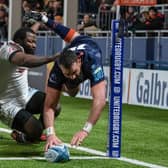 Edinburgh's Henry Immelman scores a first half try during the URC defeat to Sharks at the DAM Health Stadium. (Photo by Ross Parker / SNS Group)