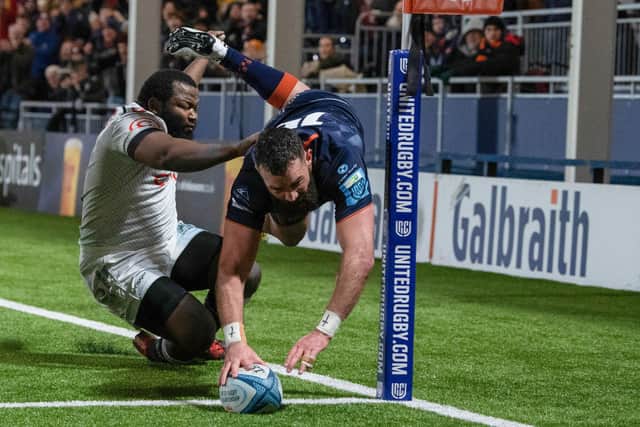 Edinburgh's Henry Immelman scores a first half try during the URC defeat to Sharks at the DAM Health Stadium. (Photo by Ross Parker / SNS Group)