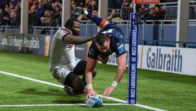 Edinburgh's Henry Immelman scores a first half try during the URC defeat to Sharks at the DAM Health Stadium. (Photo by Ross Parker / SNS Group)