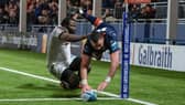 Edinburgh's Henry Immelman scores a first half try during the URC defeat to Sharks at the DAM Health Stadium. (Photo by Ross Parker / SNS Group)