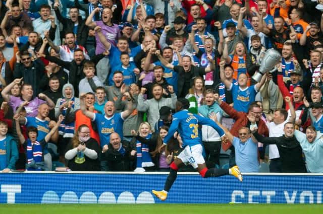 Fashion Sakala celebrates after scoring the opener for Rangers in their 1-1 draw against Motherwell at Ibrox. (Photo by Craig Foy / SNS Group)