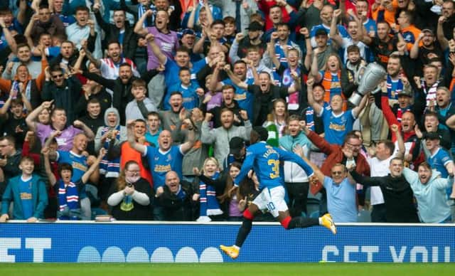 Fashion Sakala celebrates after scoring the opener for Rangers in their 1-1 draw against Motherwell at Ibrox. (Photo by Craig Foy / SNS Group)