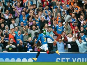 Fashion Sakala celebrates after scoring the opener for Rangers in their 1-1 draw against Motherwell at Ibrox. (Photo by Craig Foy / SNS Group)