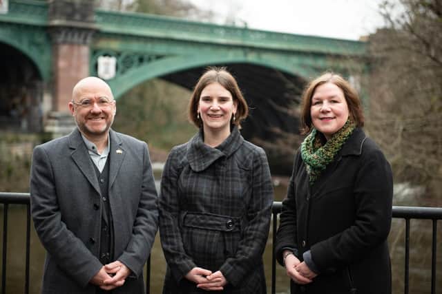 New Green councillor Seonad Hoy, centre, with, left, Patrick Harvie MSP and Councillor Martha Wardrop. Picture: Scottish Greens.