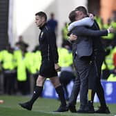 Celtic manager Brendan Rodgers celebrates at full time with assistant John Kennedy after the 1-0 win over Rangers at Ibrox. (Photo by Rob Casey / SNS Group)