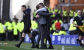 Celtic manager Brendan Rodgers celebrates at full time with assistant John Kennedy after the 1-0 win over Rangers at Ibrox. (Photo by Rob Casey / SNS Group)