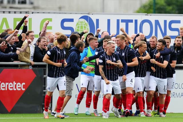 Falkirk celebrate their goal at Cove.