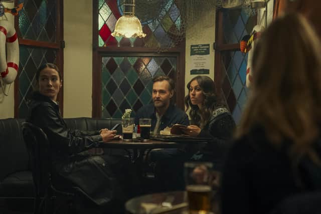 Siobhan Cullen as Dove, Will Forte as Gilbert Power and Robyn Cara as Emmy Sizergh in Bodkin. Picture: Netflix/Enda Bowe