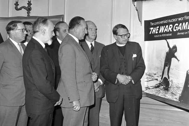 Guests arrive for a special preview of the film 'The War Game' at the Cameo Cinema in May 1966.