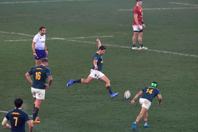 CAPE TOWN, SOUTH AFRICA - AUGUST 07:  Morne Steyn of South Africa kicks the match winning penalty during the 3rd Test match between South Africa and British & Irish Lions at Cape Town Stadium on August 07, 2021 in Cape Town, South Africa. (Photo by David Rogers/Getty Images)