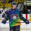 Fife Flyers' defenceman Ryan Nicholson wears the the Pride strip in warm-up, but the club did not use them in the game, sparking an angry response from fans and LGBT+ charities (Pic: Jillian McFarlane)