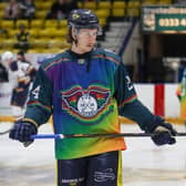 Fife Flyers' defenceman Ryan Nicholson wears the the Pride strip in warm-up, but the club did not use them in the game, sparking an angry response from fans and LGBT+ charities (Pic: Jillian McFarlane)