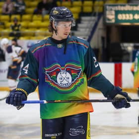 Fife Flyers' defenceman Ryan Nicholson wears the the Pride strip in warm-up, but the club did not use them in the game, sparking an angry response from fans and LGBT+ charities (Pic: Jillian McFarlane)